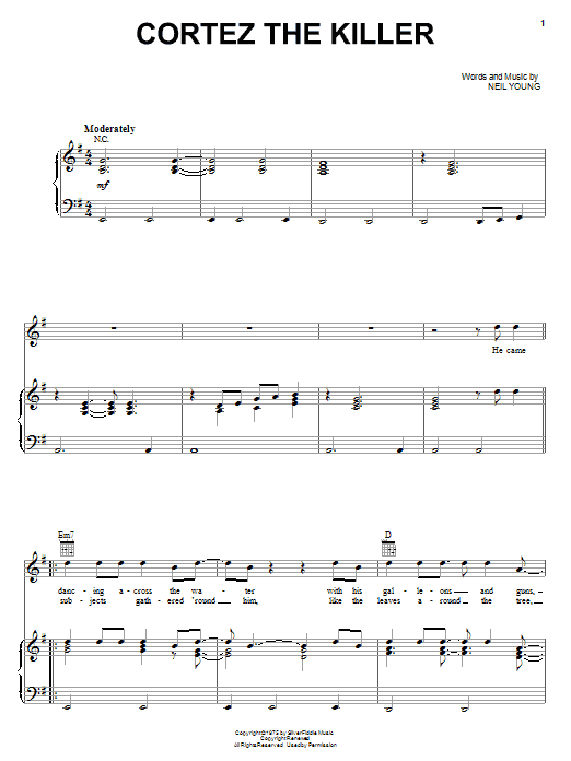 Neil Young Cortez The Killer sheet music notes and chords arranged for Piano, Vocal & Guitar Chords (Right-Hand Melody)
