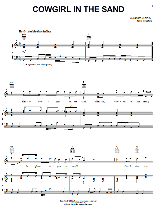 Neil Young Cowgirl In The Sand sheet music notes and chords arranged for Piano, Vocal & Guitar Chords (Right-Hand Melody)