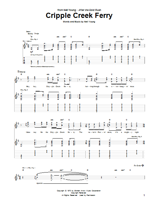 Neil Young Cripple Creek Ferry sheet music notes and chords arranged for Guitar Tab
