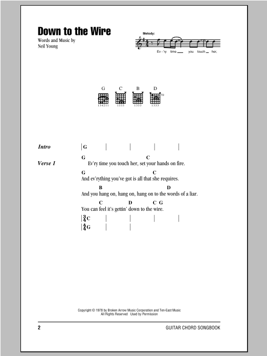 Neil Young Down To The Wire sheet music notes and chords arranged for Guitar Rhythm Tab