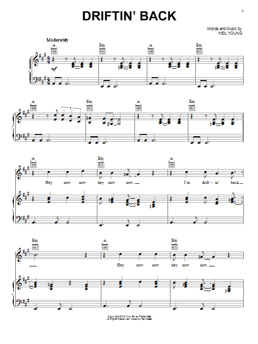 Neil Young Driftin' Back sheet music notes and chords arranged for Piano, Vocal & Guitar Chords (Right-Hand Melody)