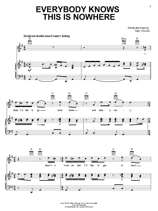 Neil Young Everybody Knows This Is Nowhere sheet music notes and chords arranged for Piano, Vocal & Guitar Chords (Right-Hand Melody)