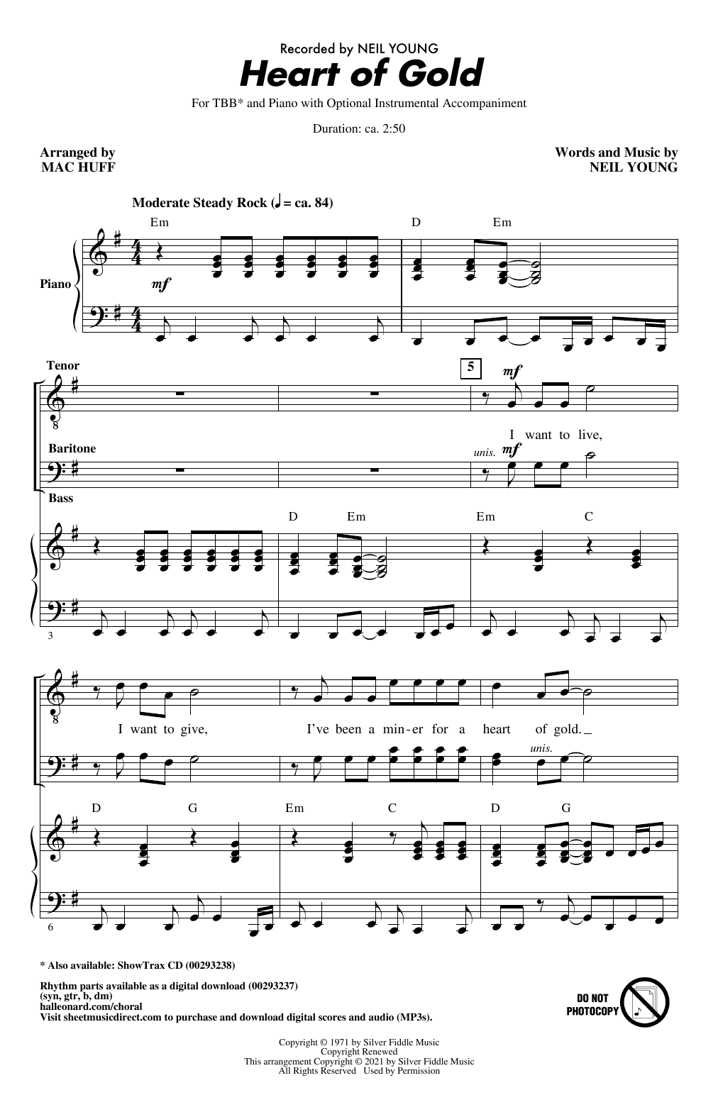 Neil Young Heart Of Gold (arr. Mac Huff) sheet music notes and chords arranged for TBB Choir