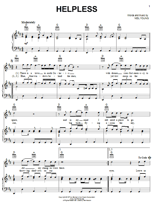 Neil Young Helpless sheet music notes and chords arranged for Piano, Vocal & Guitar Chords (Right-Hand Melody)