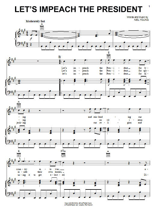 Neil Young Let's Impeach The President sheet music notes and chords arranged for Piano, Vocal & Guitar Chords (Right-Hand Melody)