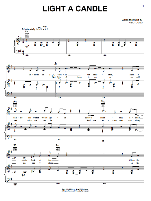 Neil Young Light A Candle sheet music notes and chords arranged for Piano, Vocal & Guitar Chords (Right-Hand Melody)
