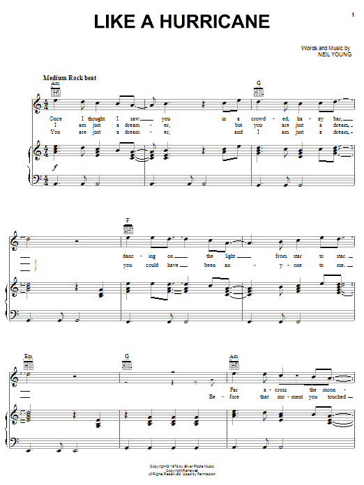 Neil Young Like A Hurricane sheet music notes and chords arranged for Guitar Chords/Lyrics