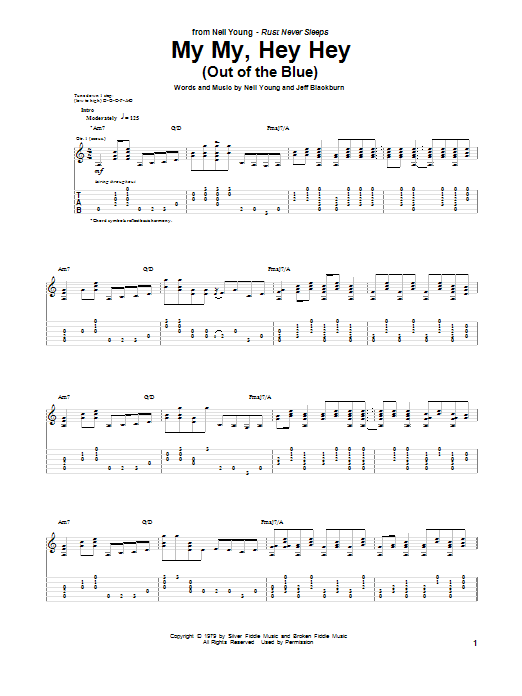 Neil Young My My, Hey Hey (Out Of The Blue) sheet music notes and chords arranged for Guitar Tab