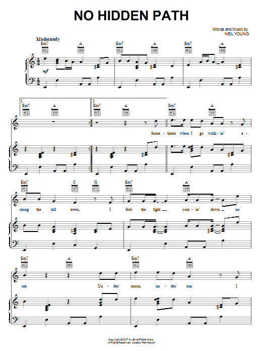 Neil Young No Hidden Path sheet music notes and chords arranged for Piano, Vocal & Guitar Chords (Right-Hand Melody)