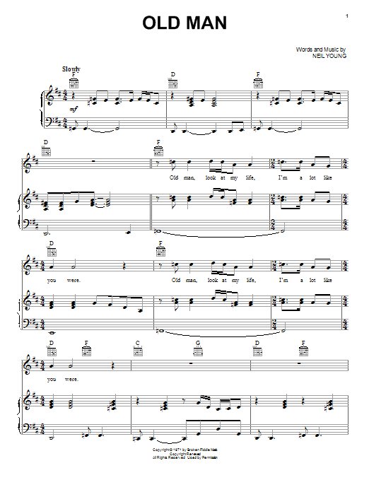 Neil Young Old Man sheet music notes and chords arranged for Piano, Vocal & Guitar Chords (Right-Hand Melody)