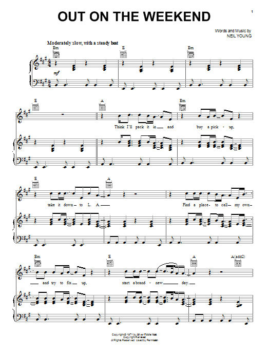 Neil Young Out On The Weekend sheet music notes and chords arranged for Piano, Vocal & Guitar Chords (Right-Hand Melody)