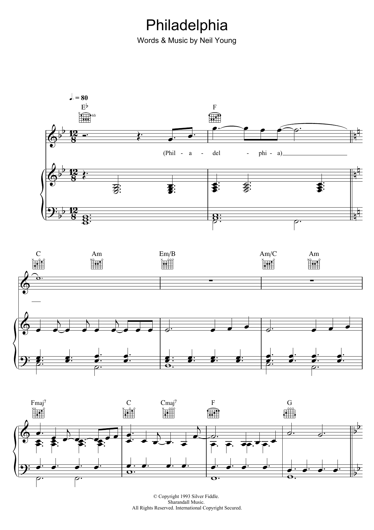 Neil Young Philadelphia sheet music notes and chords arranged for Piano, Vocal & Guitar Chords