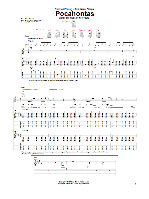 Neil Young Pocahontas sheet music notes and chords arranged for Guitar Tab