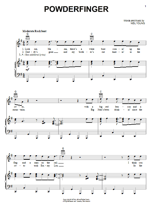 Neil Young Powderfinger sheet music notes and chords arranged for Piano, Vocal & Guitar Chords (Right-Hand Melody)