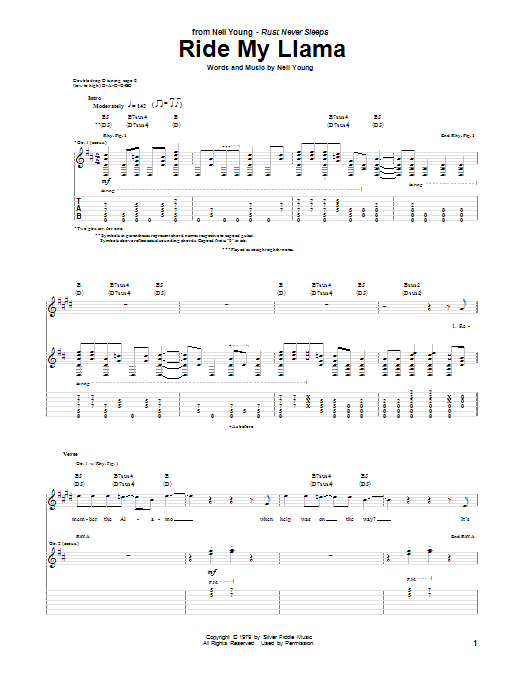 Neil Young Ride My Llama sheet music notes and chords arranged for Guitar Tab