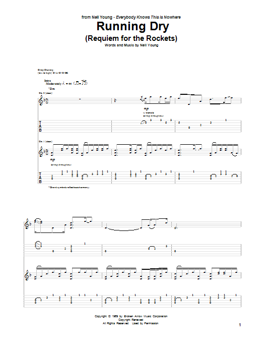 Neil Young Running Dry (Requiem For The Rockets) sheet music notes and chords arranged for Guitar Tab