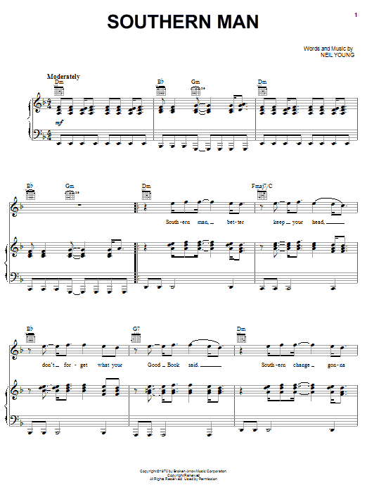 Neil Young Southern Man sheet music notes and chords arranged for Piano, Vocal & Guitar Chords (Right-Hand Melody)