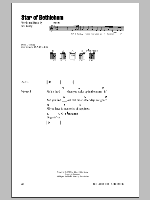 Neil Young Star Of Bethlehem sheet music notes and chords arranged for Guitar Rhythm Tab