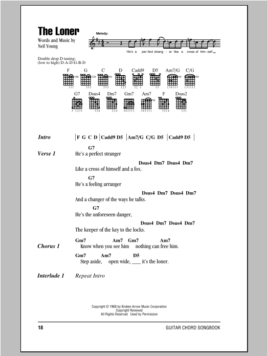 Neil Young The Loner sheet music notes and chords arranged for Guitar Rhythm Tab