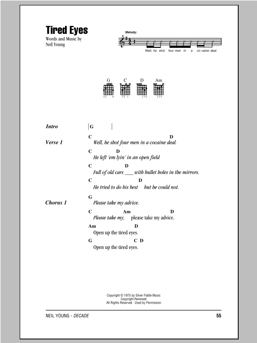 Neil Young Tired Eyes sheet music notes and chords arranged for Guitar Rhythm Tab