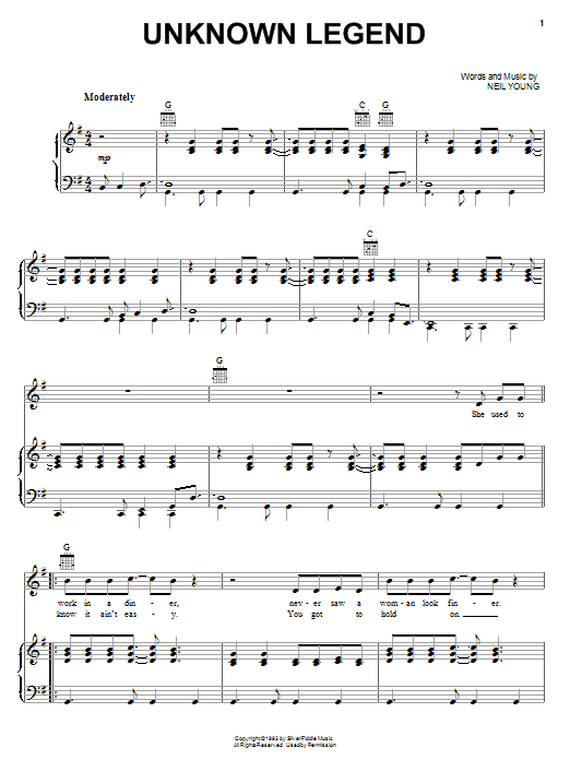 Neil Young Unknown Legend sheet music notes and chords arranged for Piano, Vocal & Guitar Chords (Right-Hand Melody)