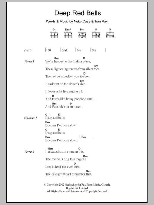 Neko Case Deep Red Bells sheet music notes and chords arranged for Guitar Chords/Lyrics