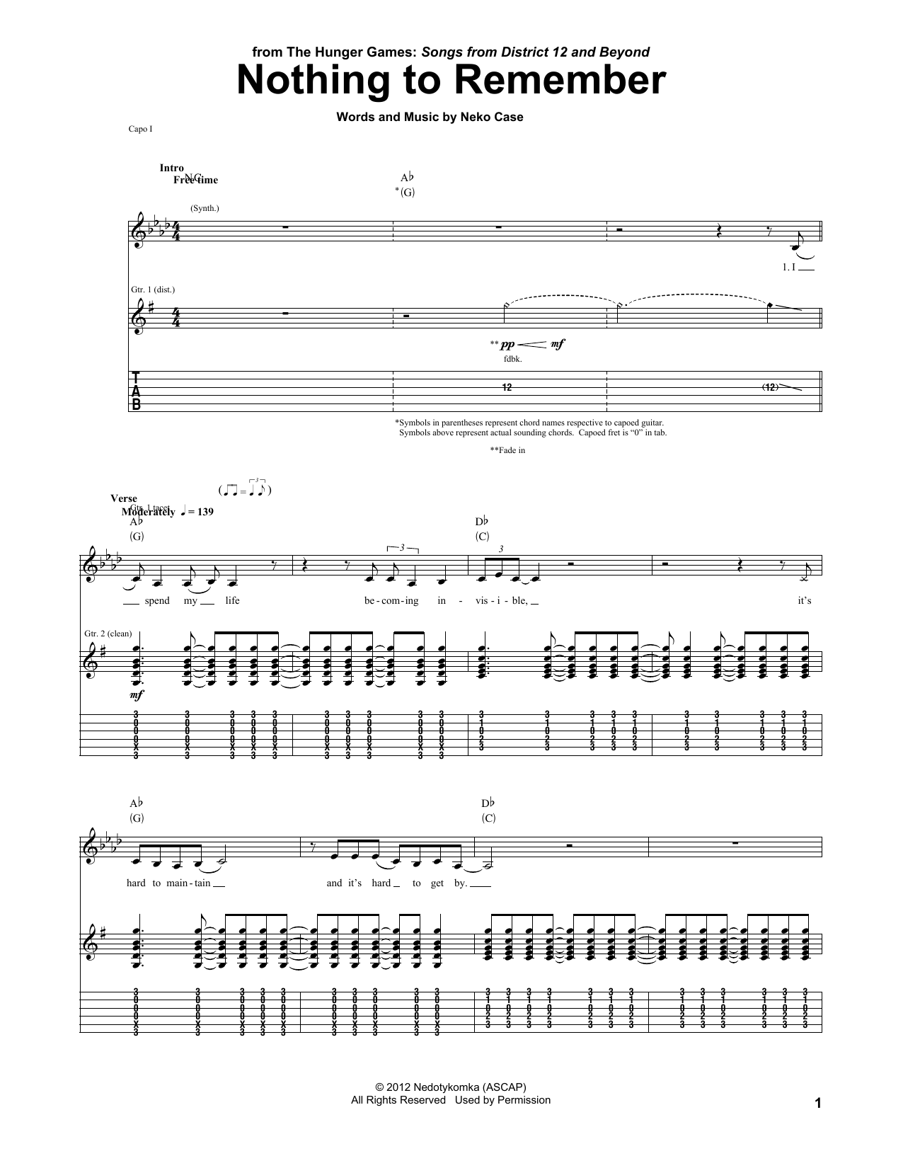 Neko Case Nothing To Remember (from The Hunger Games) sheet music notes and chords arranged for Guitar Tab