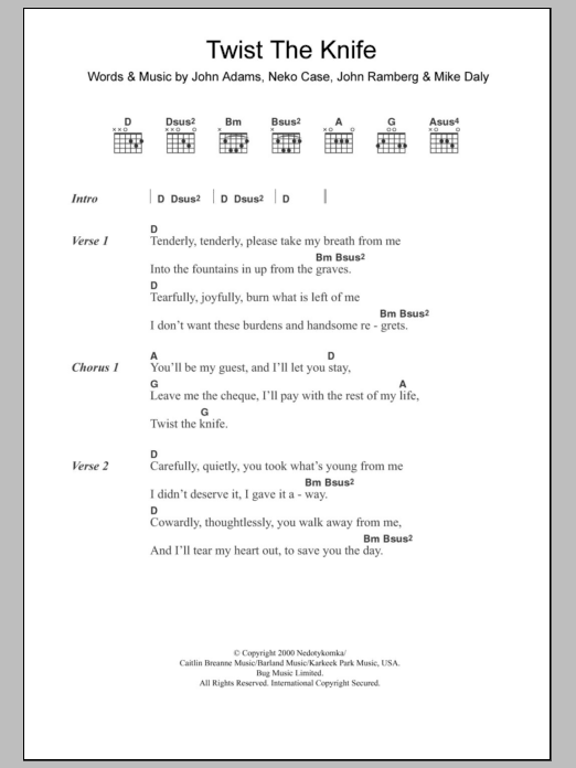 Neko Case & Her Boyfriends Twist The Knife sheet music notes and chords arranged for Guitar Chords/Lyrics