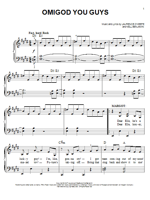 Nell Benjamin Omigod You Guys sheet music notes and chords arranged for Easy Piano