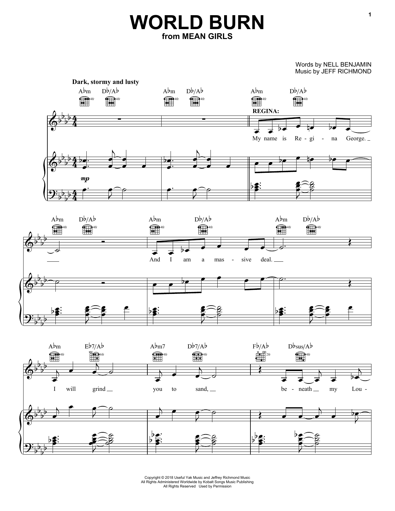 Nell Benjamin World Burn (from Mean Girls) sheet music notes and chords arranged for Piano, Vocal & Guitar Chords (Right-Hand Melody)