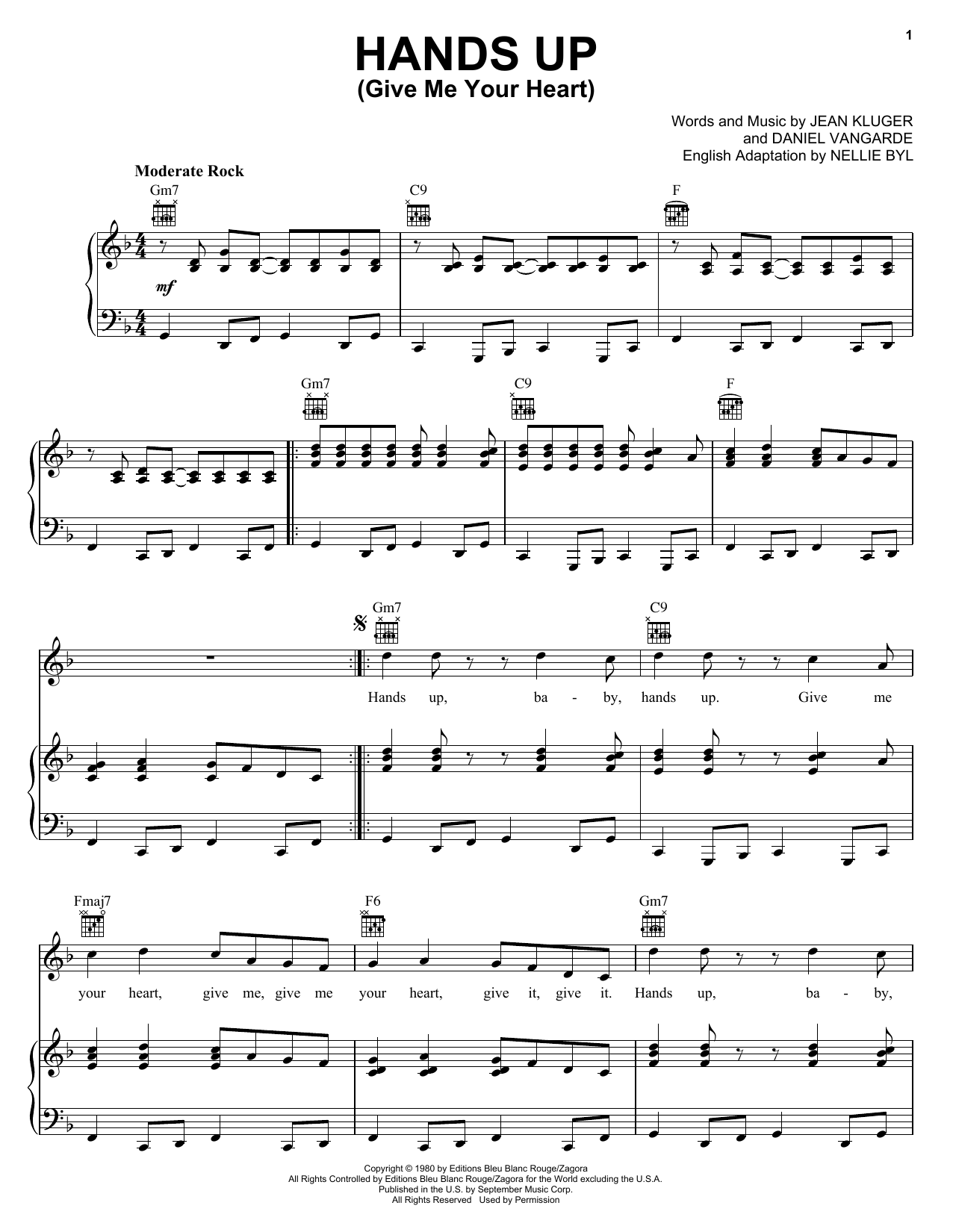 Nellie Byl Hands Up (Give Me Your Heart) sheet music notes and chords arranged for Piano, Vocal & Guitar Chords (Right-Hand Melody)