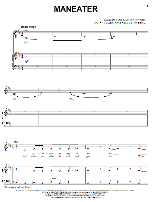 Nelly Furtado Maneater sheet music notes and chords arranged for Piano, Vocal & Guitar Chords (Right-Hand Melody)