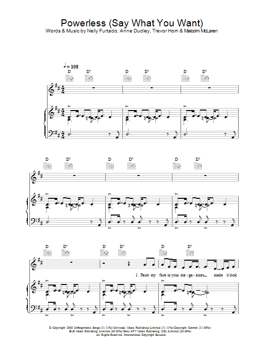 Nelly Furtado Powerless (Say What You Want) sheet music notes and chords arranged for Piano, Vocal & Guitar Chords