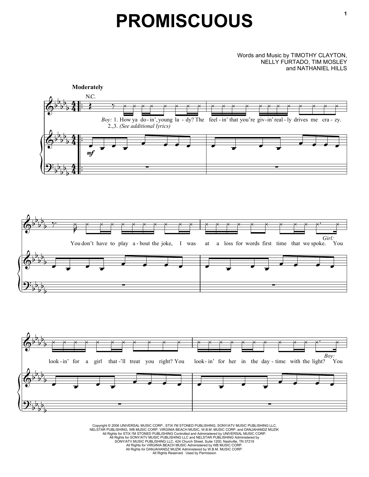 Nelly Furtado Promiscuous sheet music notes and chords arranged for Piano, Vocal & Guitar Chords (Right-Hand Melody)