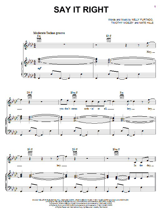 Nelly Furtado Say It Right sheet music notes and chords arranged for Piano, Vocal & Guitar Chords (Right-Hand Melody)