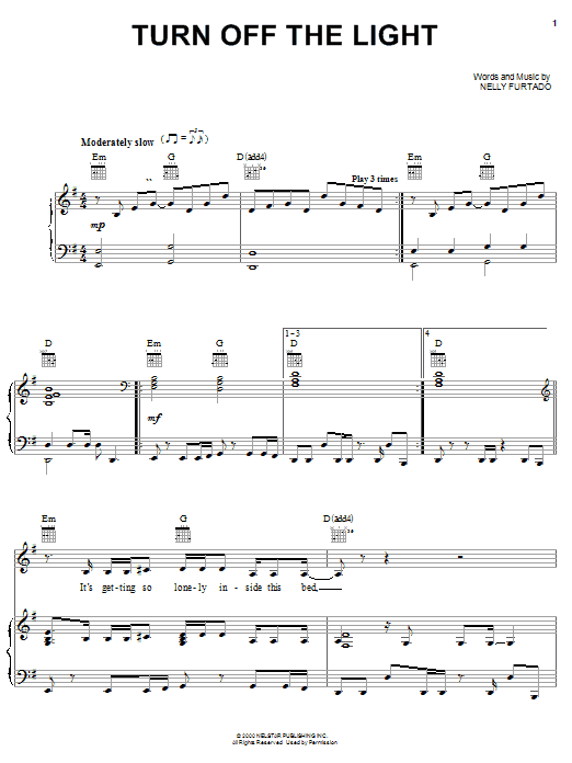 Nelly Furtado Turn Off The Light sheet music notes and chords arranged for Piano, Vocal & Guitar Chords (Right-Hand Melody)