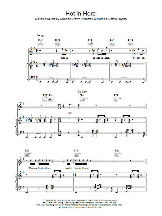 Nelly Hot In Here sheet music notes and chords arranged for Piano, Vocal & Guitar Chords