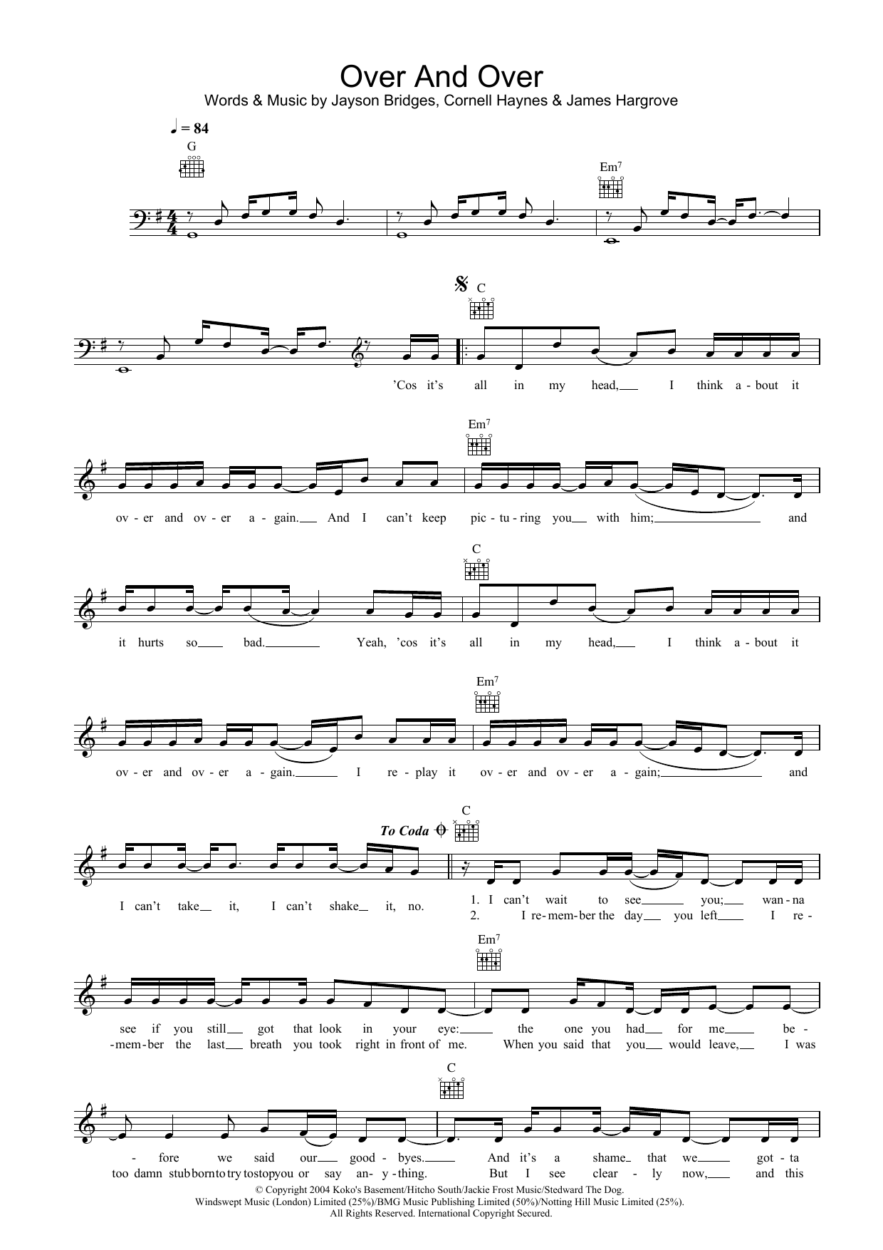 Nelly Over And Over (featuring Tim McGraw) sheet music notes and chords arranged for Lead Sheet / Fake Book