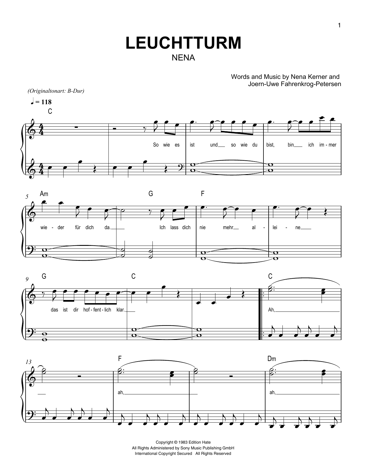 Nena Leuchtturm sheet music notes and chords arranged for Easy Piano