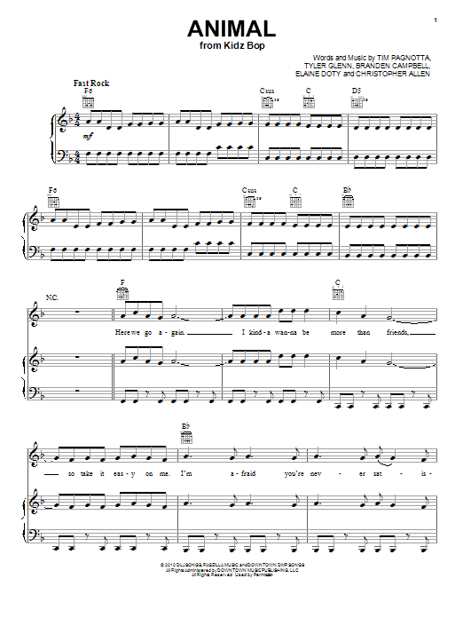 Neon Trees Animal sheet music notes and chords arranged for Piano, Vocal & Guitar Chords (Right-Hand Melody)