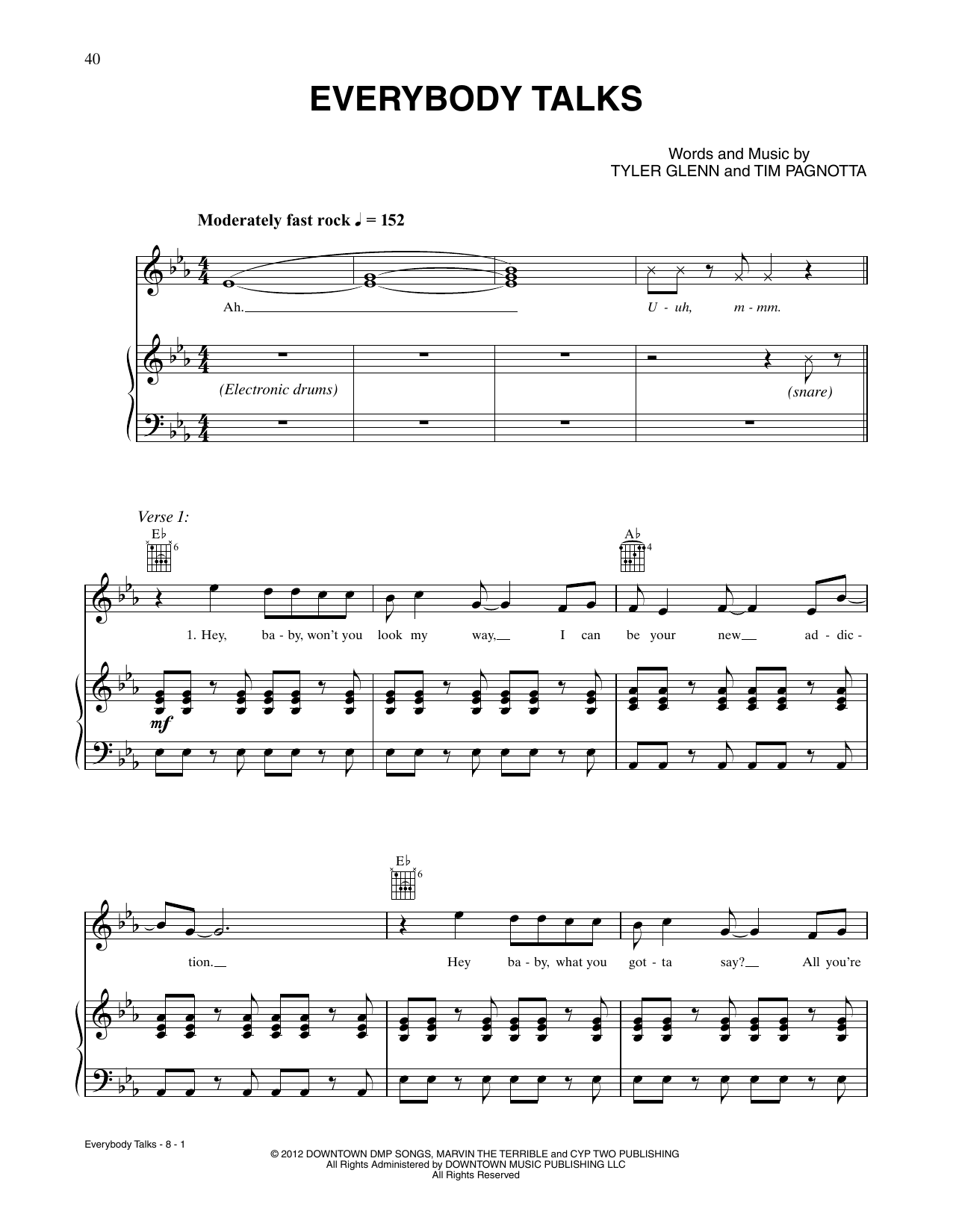 Neon Trees Everybody Talks sheet music notes and chords arranged for Piano, Vocal & Guitar Chords (Right-Hand Melody)
