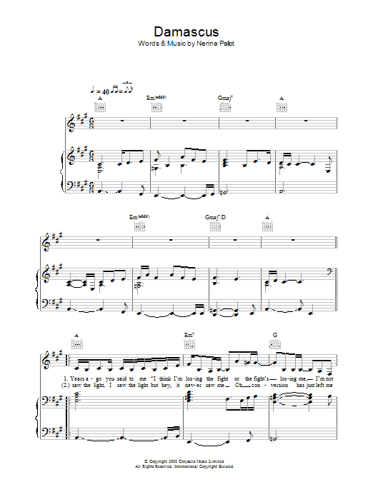 Nerina Pallot Damascus sheet music notes and chords arranged for Piano, Vocal & Guitar Chords