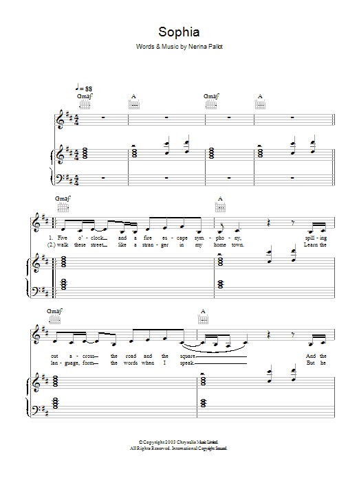 Nerina Pallot Sophia sheet music notes and chords arranged for Piano, Vocal & Guitar Chords