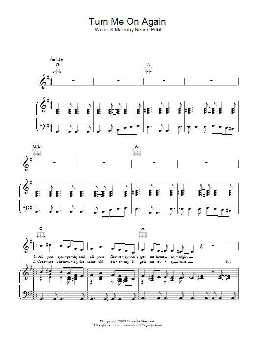 Nerina Pallot Turn Me On Again sheet music notes and chords arranged for Piano, Vocal & Guitar Chords