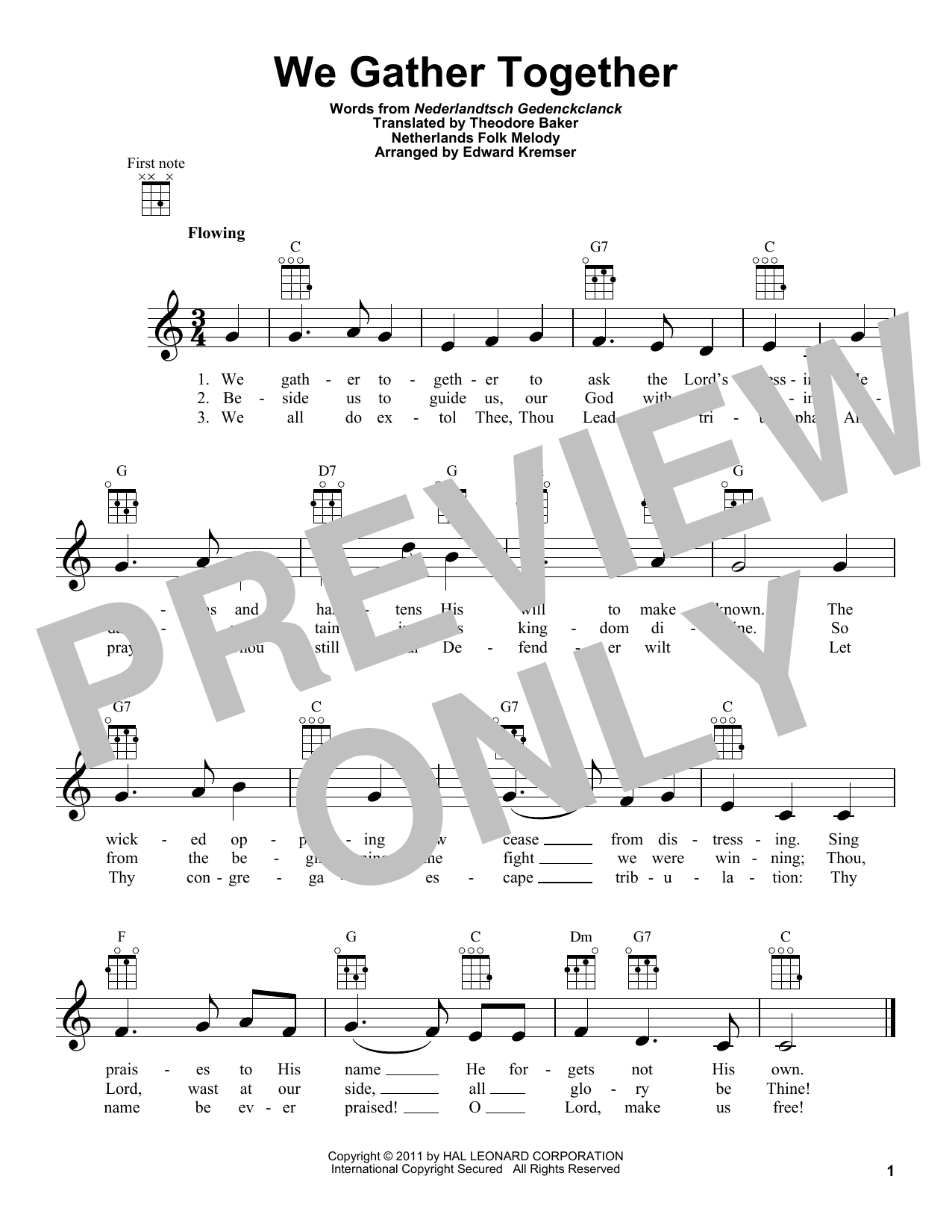Netherlands Folk Hymn We Gather Together (arr. Eduard Kremser) sheet music notes and chords arranged for Ukulele