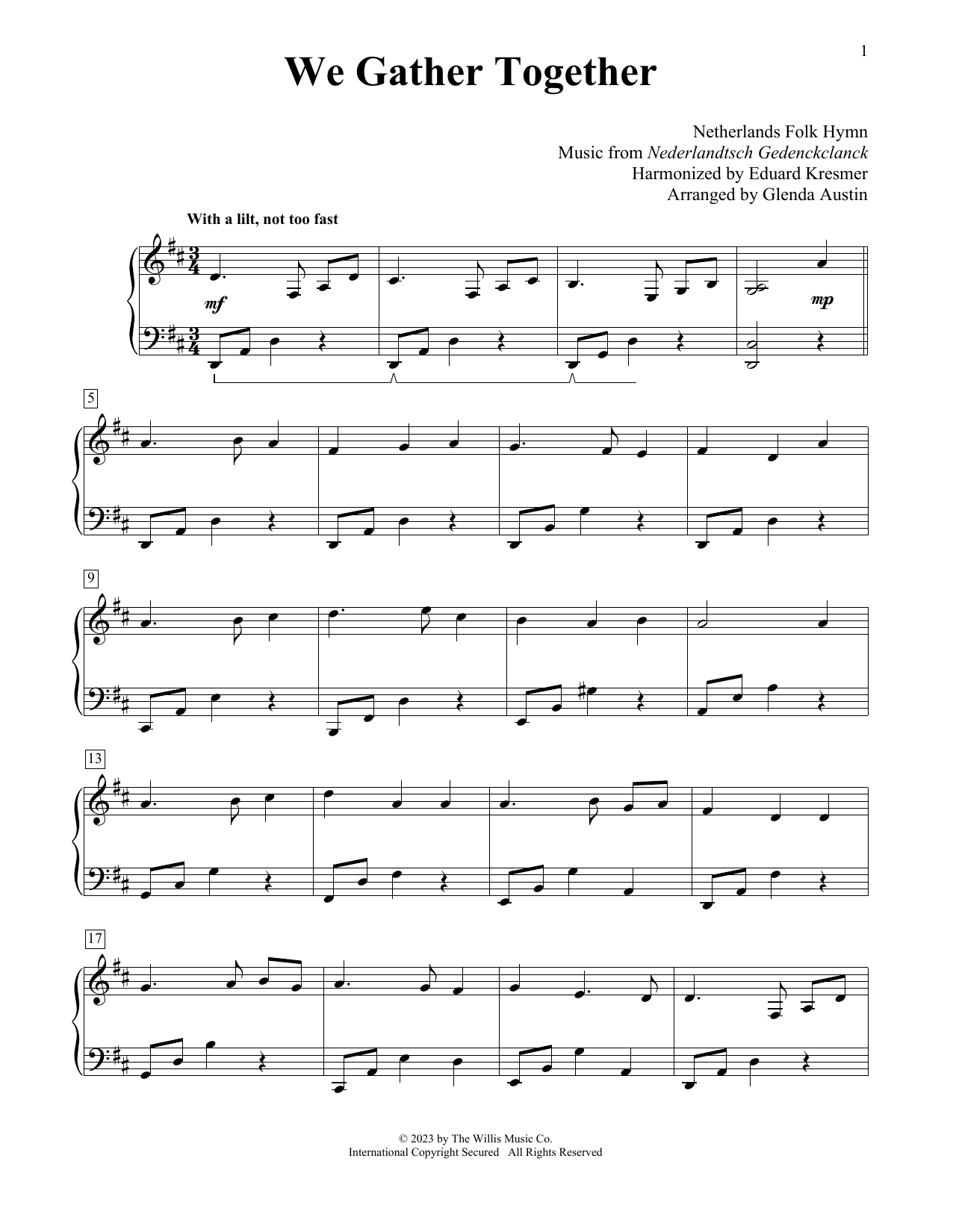 Netherlands Folk Hymn We Gather Together (arr. Glenda Austin) sheet music notes and chords arranged for Educational Piano