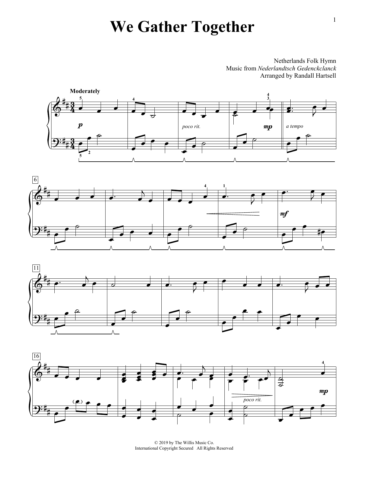Netherlands Folk Hymn We Gather Together (arr. Randall Hartsell) sheet music notes and chords arranged for Educational Piano