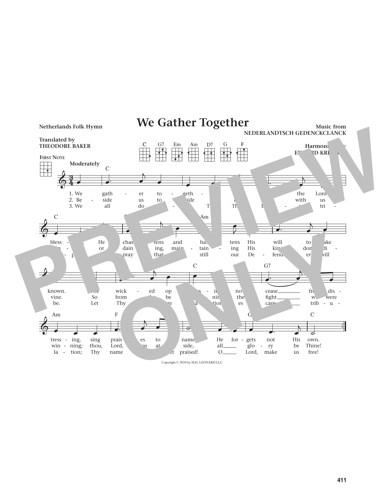 Netherlands Folk Hymn We Gather Together (from The Daily Ukulele) (arr. Jim Beloff) sheet music notes and chords arranged for Ukulele