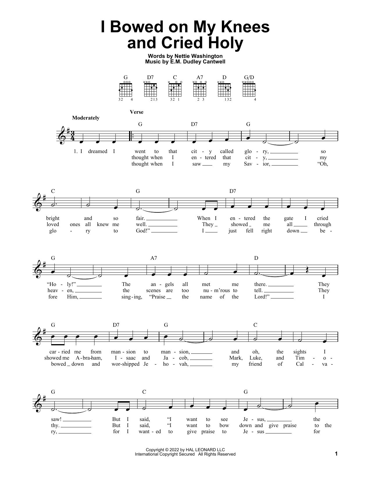 Nettie Dudley Washington I Bowed On My Knees And Cried Holy sheet music notes and chords arranged for Piano, Vocal & Guitar Chords (Right-Hand Melody)