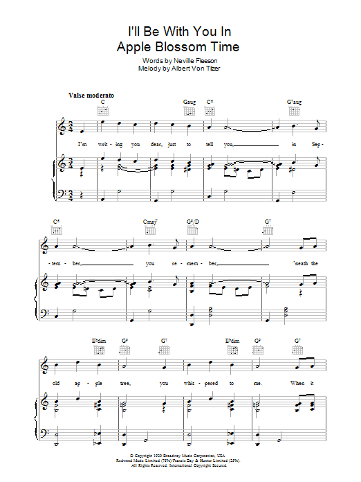 Neville Fleeson I'll Be With You In Apple Blossom Time sheet music notes and chords arranged for Ukulele